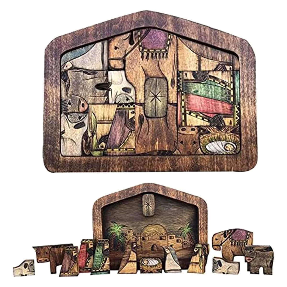 Nativity Puzzle Wooden Jesus Puzzle Statue with Wood Burned Design for Adults and Kids-Large