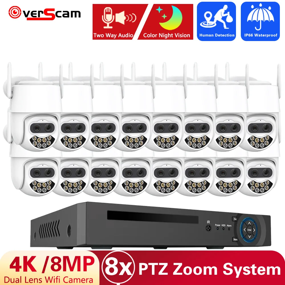 

4K 8MP Dual Lens PTZ Camera 16CH POE NVR WiFi Outdoor 8X Zoom Video Camera Human Detection SVideo Surveillance Cameras 8CH Set