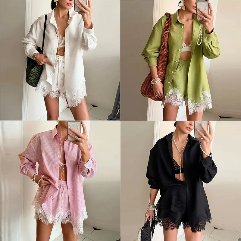 

Summer Women's Suit Shorts Two Piece Set Lace Trim Crop Pants Elastic Waist Capris Pink Striped Oversized Shirt Crop Pants
