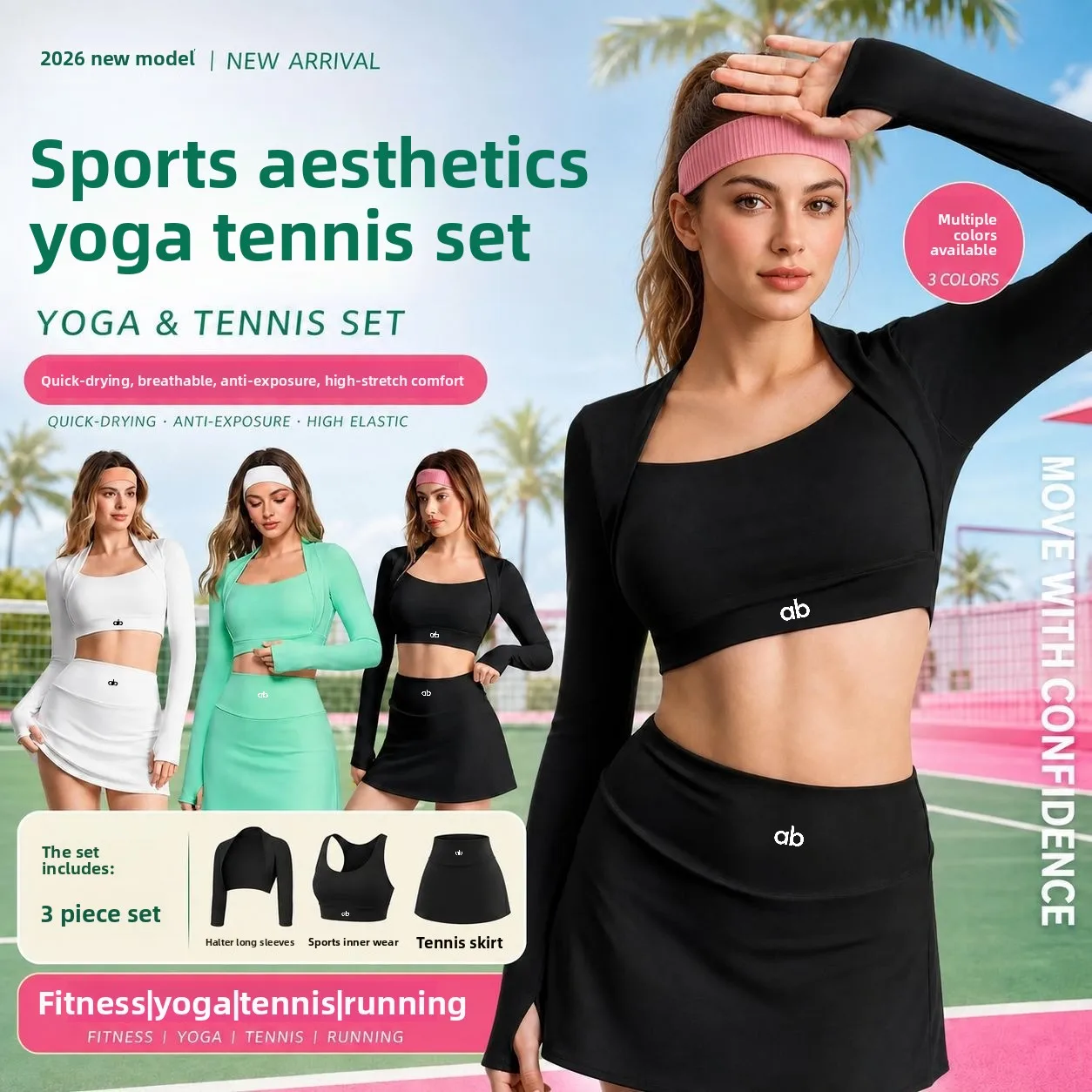 Women 2026 New Halter Long Sleeve 3‑Pcs Yoga Set Quick‑Dry Anti‑Chafing Tennis Skirt Gym Running Fitness Sportswear Outfit