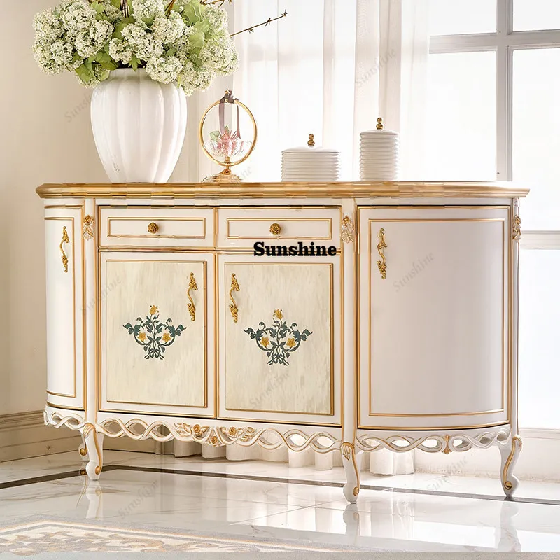 

French light luxury solid wood dining side cabinet European court carved porch cabinet