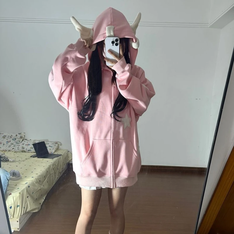 Sudadera japonesa con capucha de alas de Ángel con estampado de estrella linda de dopamina, abrigo creativo de estilo callejero de estilo americano de moda