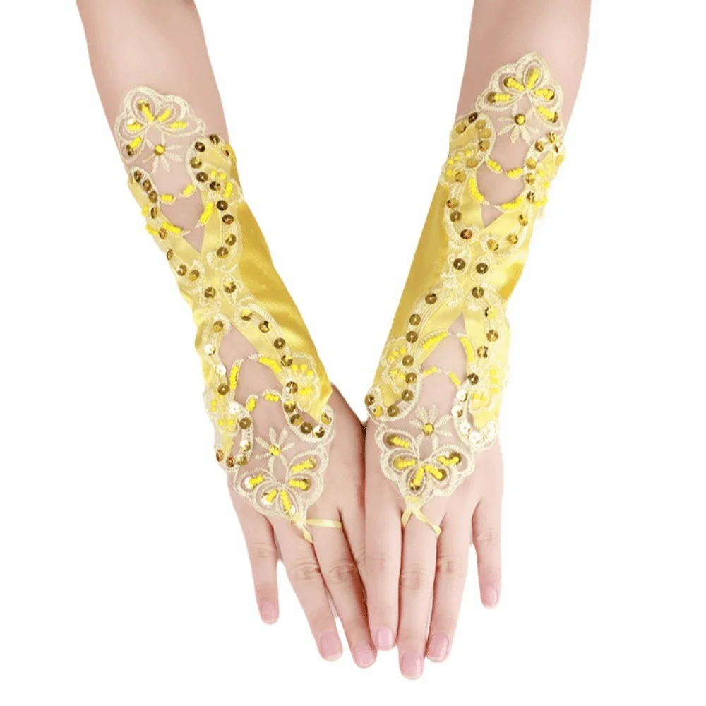 Retro Fashion Lace Embroidery Women’s Lace Gloves Sequin Hollow Out Wedding Gloves Retro Elegant Bridal Gloves Wedding