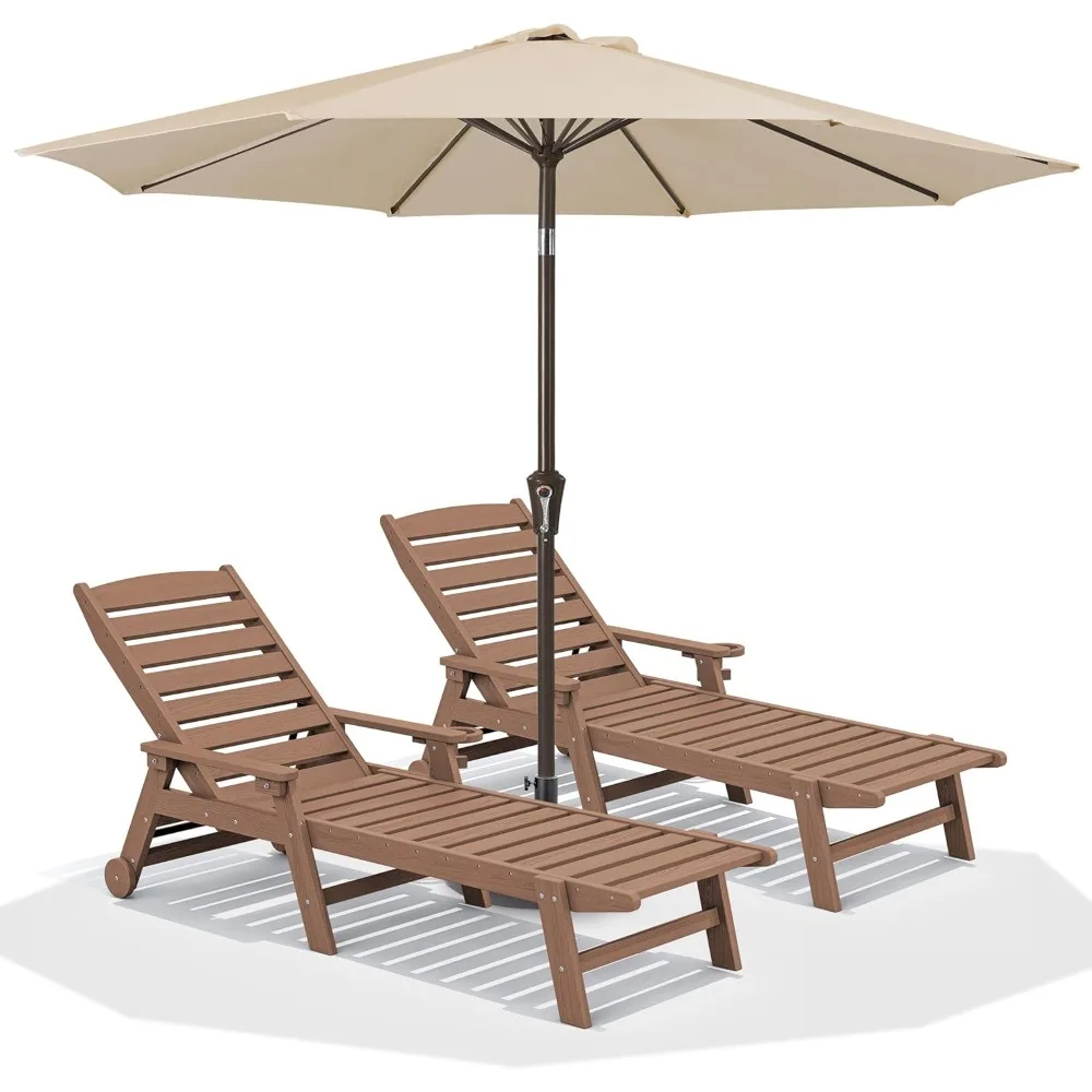

Patio Chaise Lounge Chair Set of 2 with 9FT Patio Umbrella, 78'' HDPE Outdoor Lounger, Poly Lounge Chair