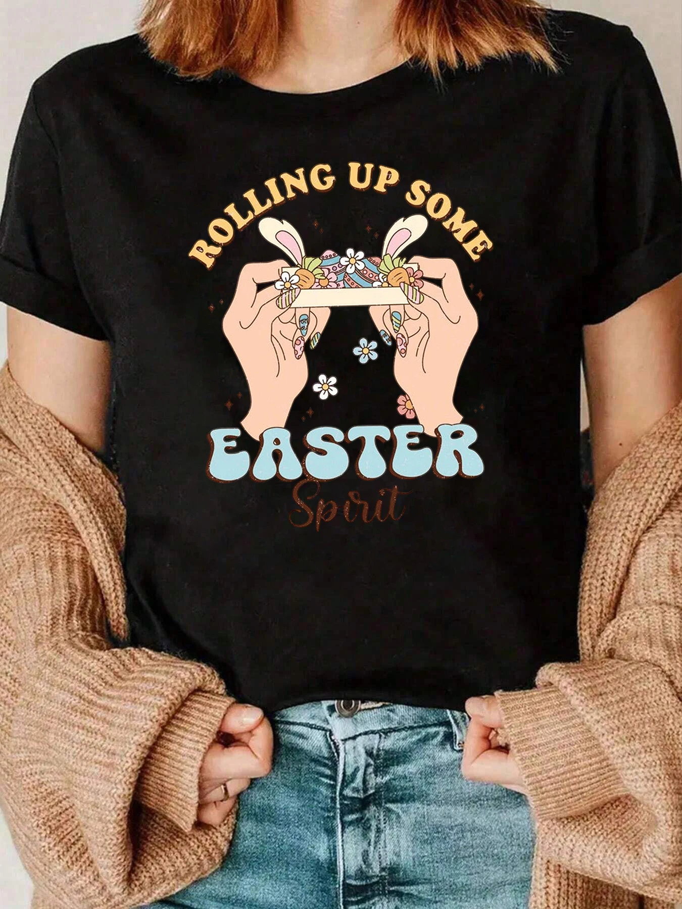 

Rolling Up Some Easter Spirit Bunny Hands Printed T-Shirt Easter Holiday Casual Wear Women 220g