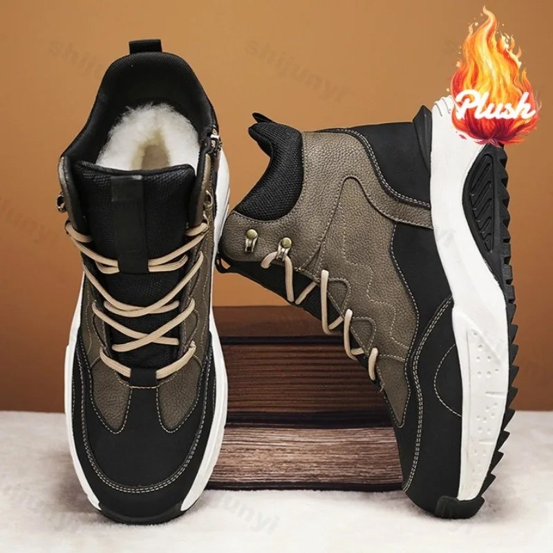

2025 Winter Men's Warm Thickern High Top Snow Boots Retro Color Blocked Versatile Plush Comfortable Non Slip Chunky Cotton Boots