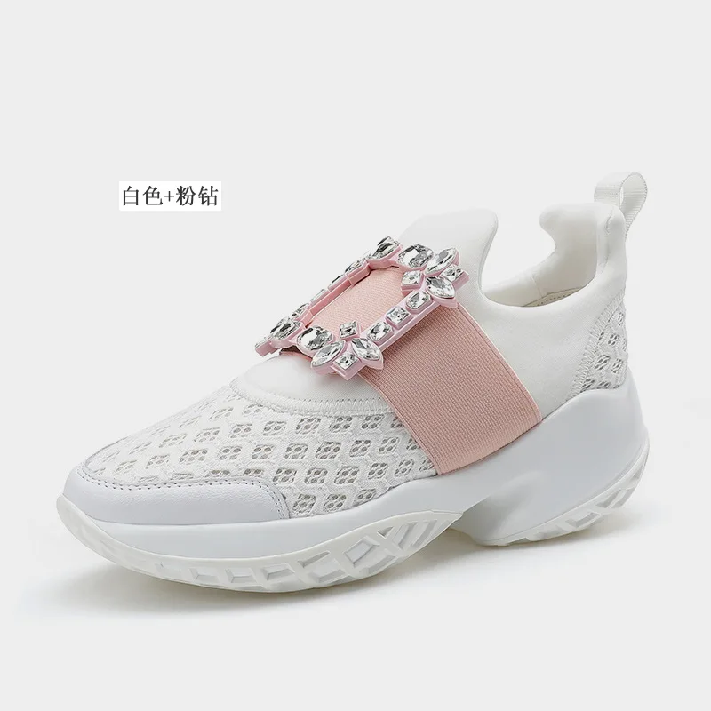 Round Head Crystal Buckle Women Shoes Patchwork Cover Heels Flats Soft Sole Sneakers Fashion Zapatos Mujer