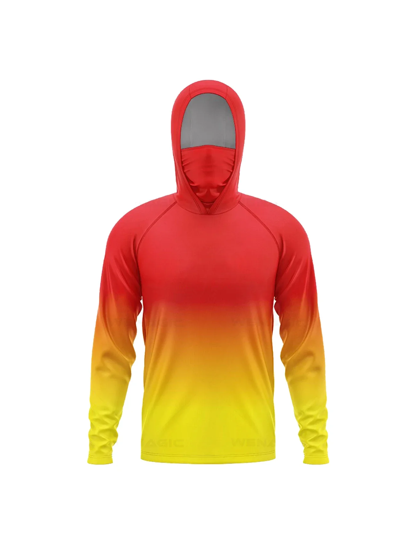 Red to yellow gradient hooded fishing shirt