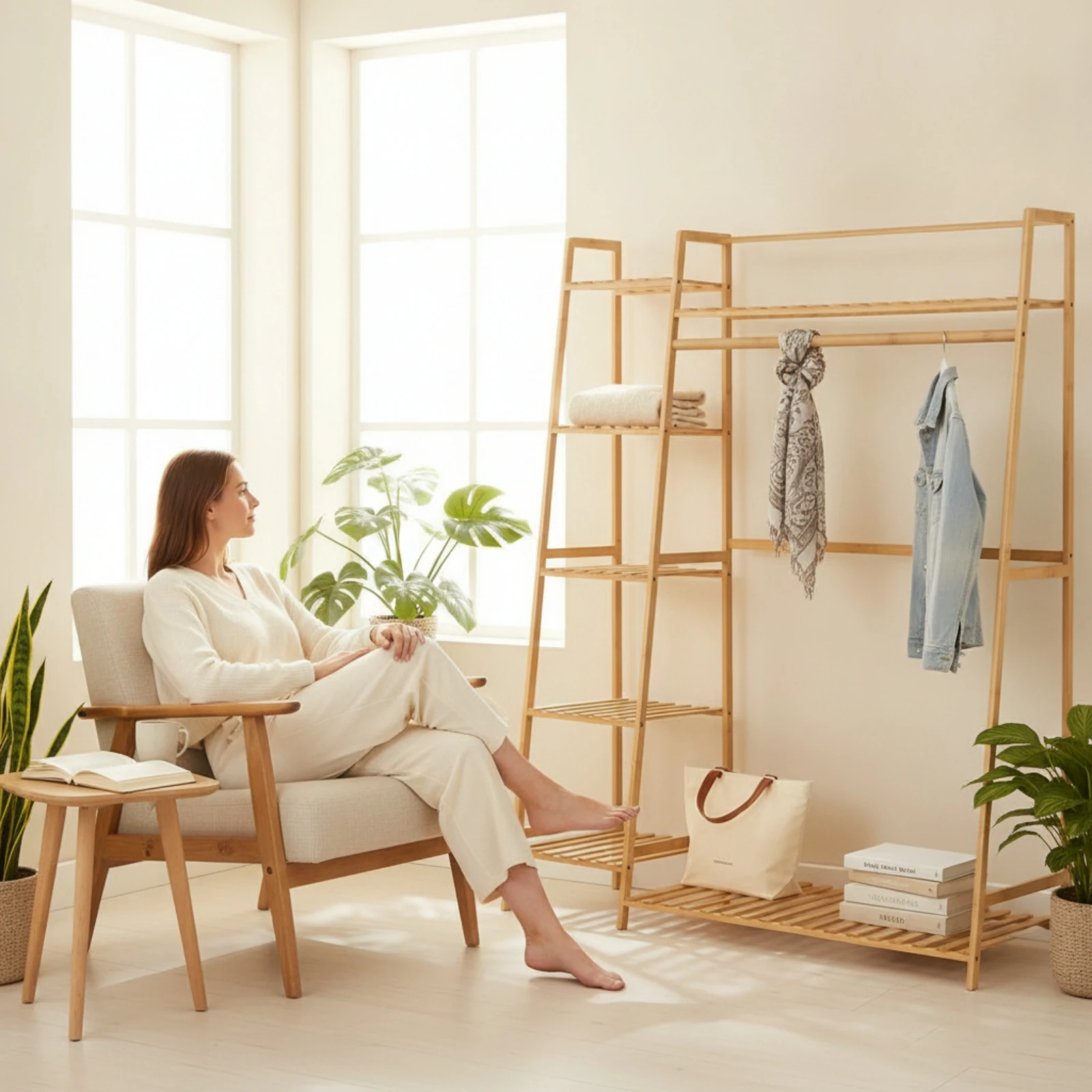 Bamboo Clothing Rack with Shelves Modern Freestanding Garment Rack with Shelves Furniture Wood for Bedroom, Walk-in Closet