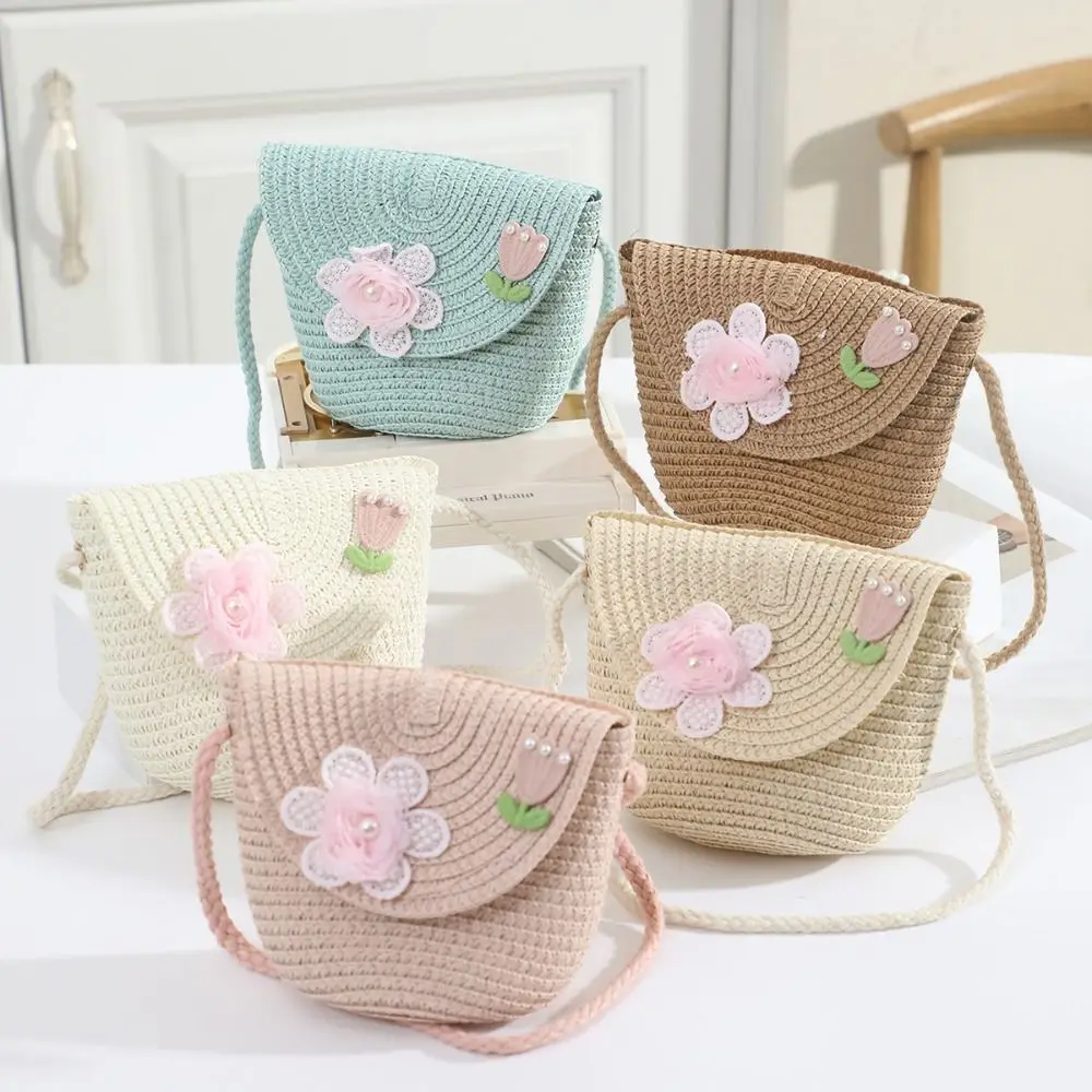 Cute Straw Flap Shoulder Bag Solid Color Handmade Woven Kid Crossbody Bags Photo Props Mini Travel Coin Purse
