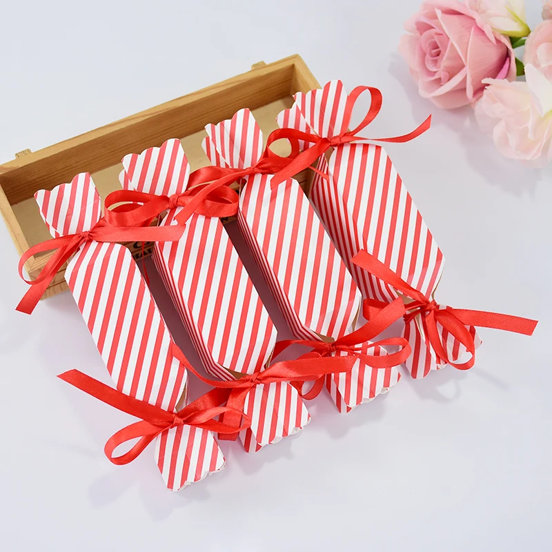 

10PCS Joyful Red Striped Candy Shaped Boxes Wedding Favor Gift Boxes With Ribbon Kids Christmas Birthday Party Cracker Box Decor