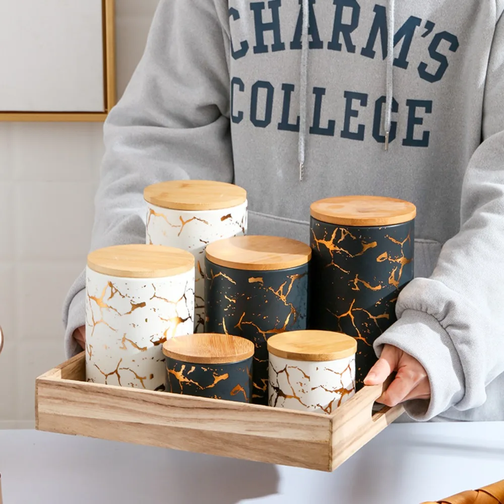Storage Supplies Marble Ceramic Sealed Jar Round 360ml Storage Bottle with Bamboo Modification Kitchen Utensils Cereal Dispenser
