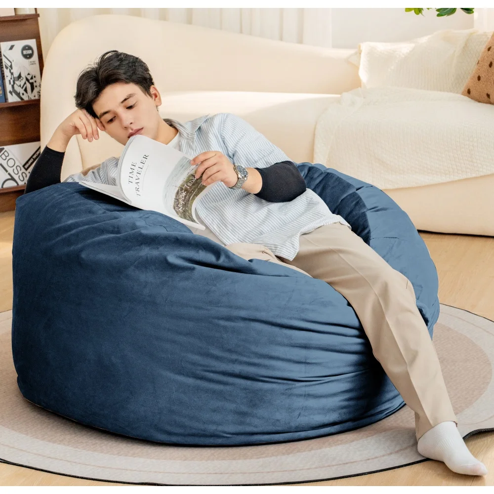 Dark Blue Bean Bag Chair 4Foot Velvet Ultra Soft Fur with High-Rebound Memory Foam Plush Lazy Sofa with Fluffy Removable Sponge