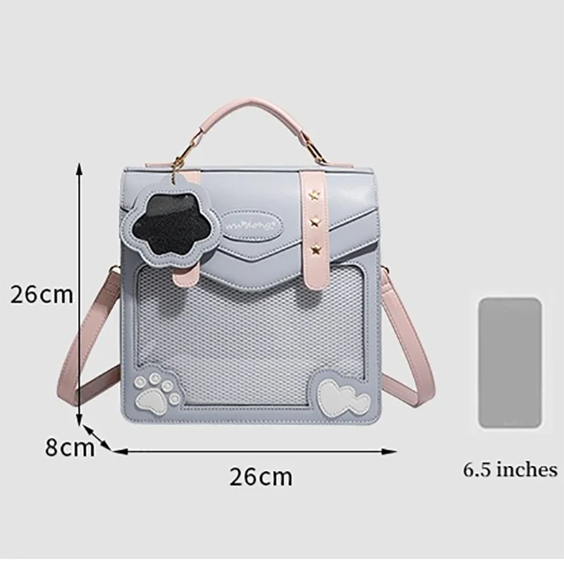 Girls Kawaii Backpack Japanese JK Uniform Bag Lolita Anime PU Backpack Transparent Pocket Badge Pain Bags Cute Cat Paw Y2k Bag