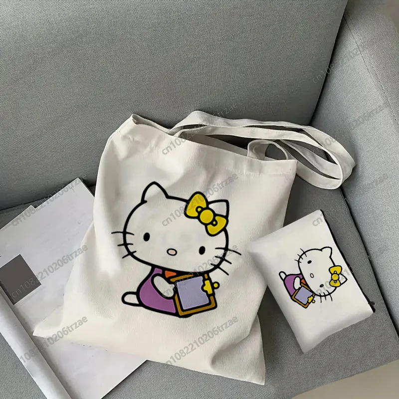 

Милый набор сумок из мешковины с принтом Hello Kitty, большая вместительная сумка через плечо, многоразовая сумка для покупок с кошельком для монет