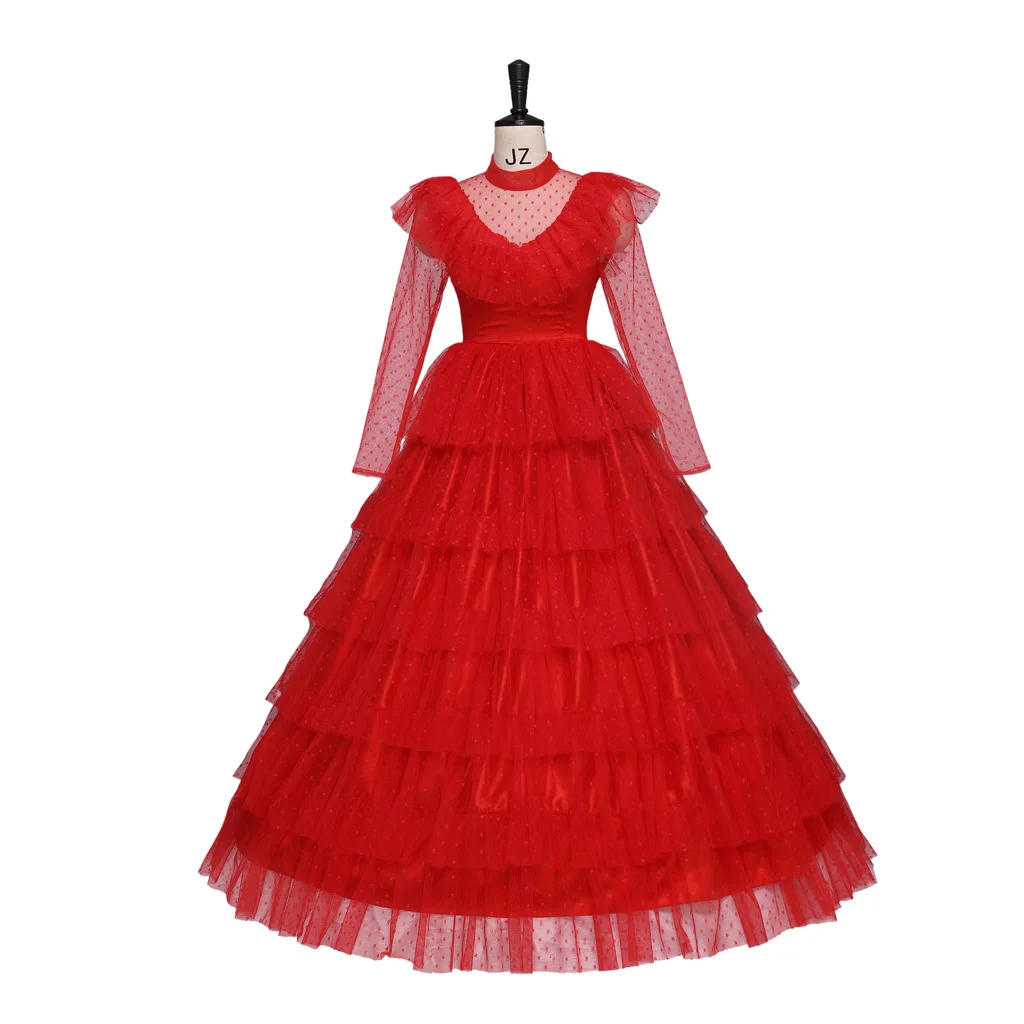 Lydia Cosplay Costume Scary Musical Red Bride Wedding Gothic Dress Evening Gown Outfits Gauze Skirt Veil Halloween Women