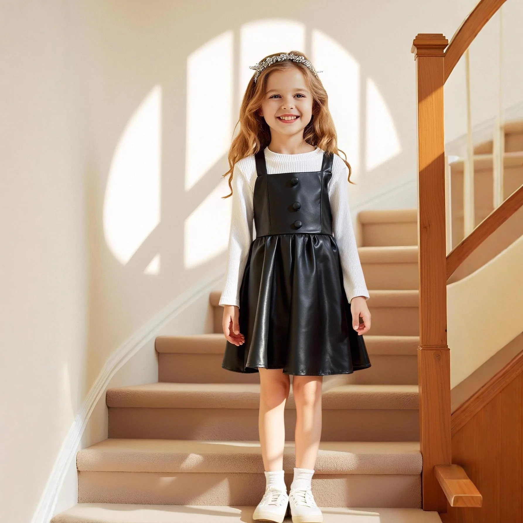 Kids Girls Spring Autumn Two-piece Suspender Dresses 2026 New Suit Long-sleeved Suspender Leather Dress Sets Long Sleeve Dresses