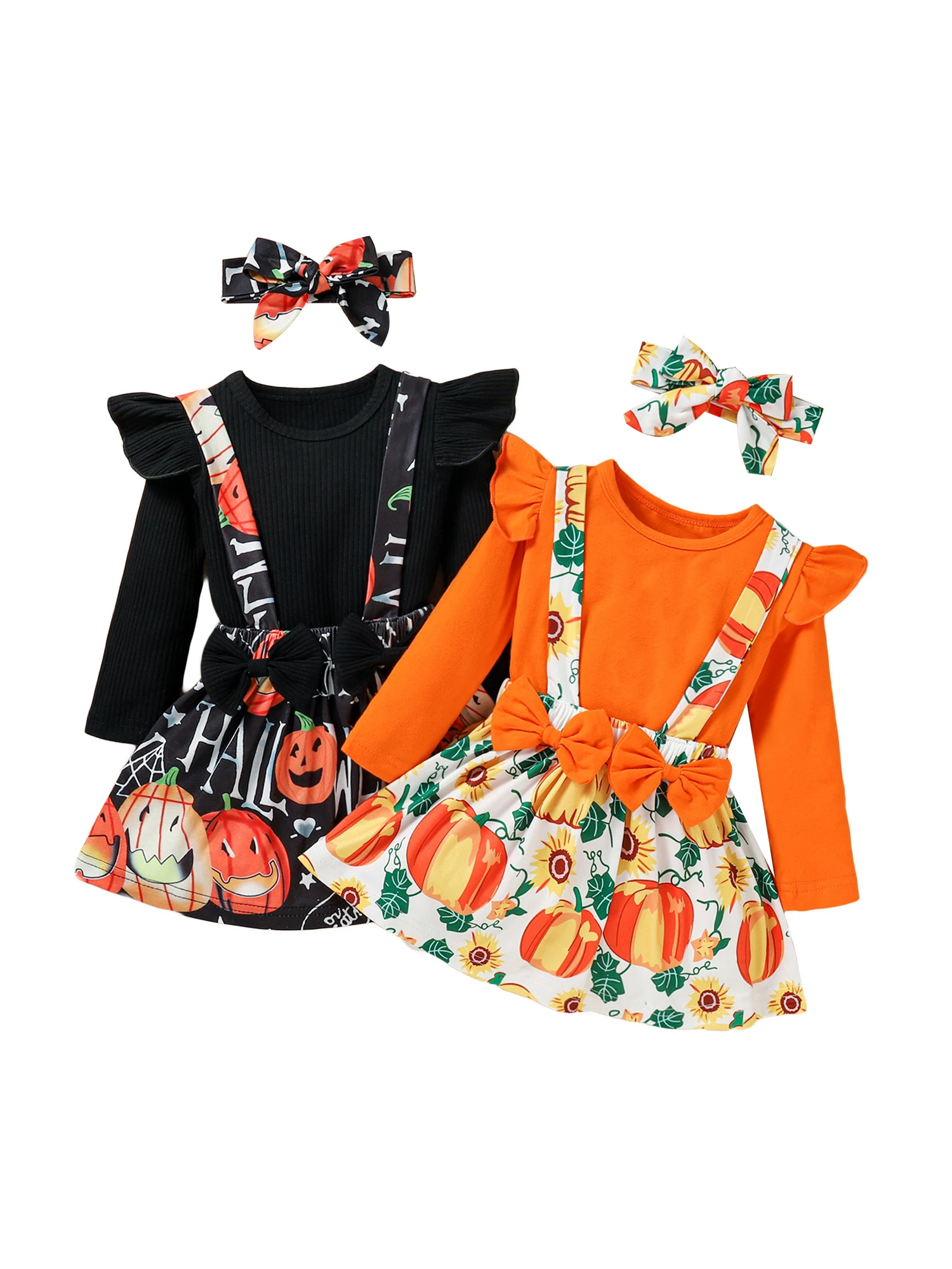 

Girl s Outfit Set with Long Sleeve T-shirt Suspender Skirt and Matching Headband Featuring Pumpkin Print