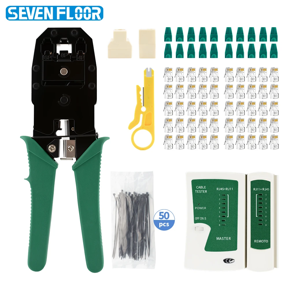 RJ45 Crimping Tool Kit 4P 6P 8P Ethernet LAN Cable Tester 50pcs Cat5 Plugs Stripper Splitter Coupler Cable Ties Connector Boots