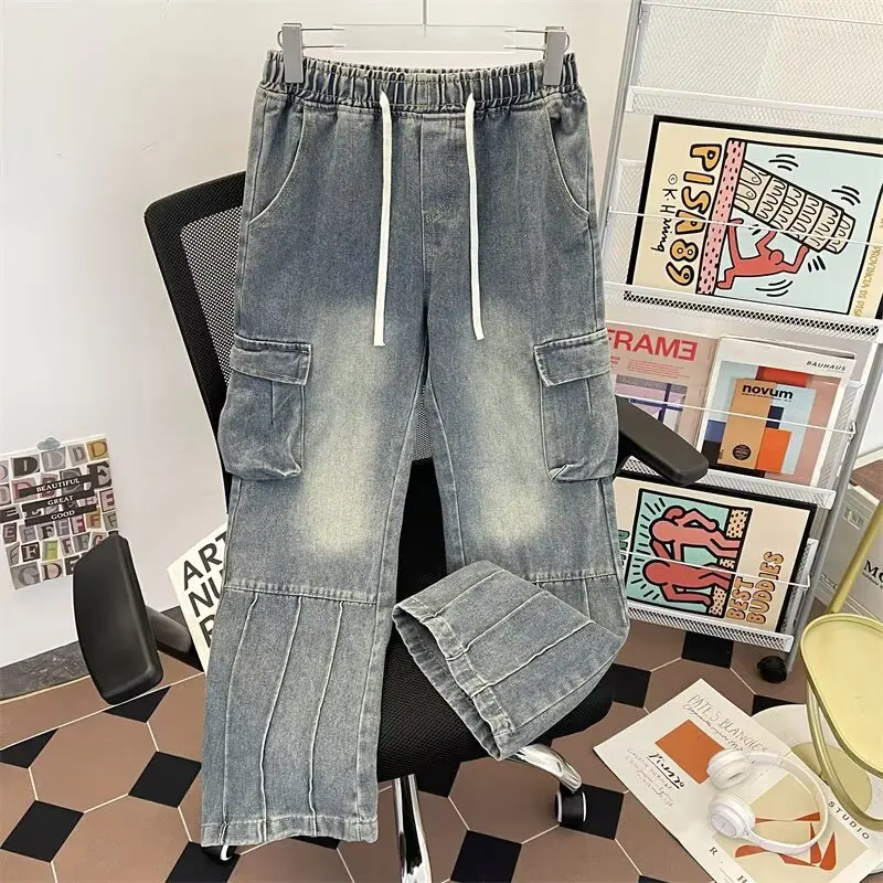 Retro American Washed Multi-Pocket Men's Casual Loose Straight Leg Jeans Trendy Workwear Trousers Wear Resistant Straight Cut