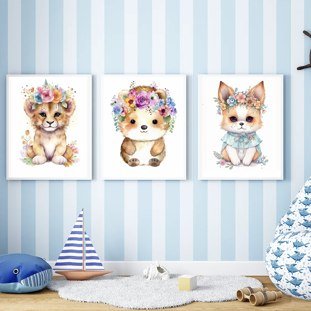 

Watercolor Cute Corgi Fox Flower Wreath Wall Art Canvas Art Painting Prints Home Wall Decor Kids Bedroom Nursery Baby Floral Art
