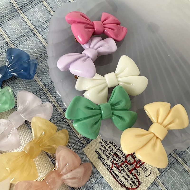 2pcs/set Cute New Bow Hair Clip Acrylic Side Pin Plain Color Barrettes Women Hair Accessories