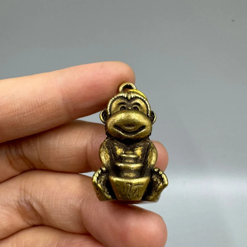 Brass Little Monkey Pendant Holding Ingot Monkey Zodiac Monkey Cute Copper Monkey Keychain Pendant
