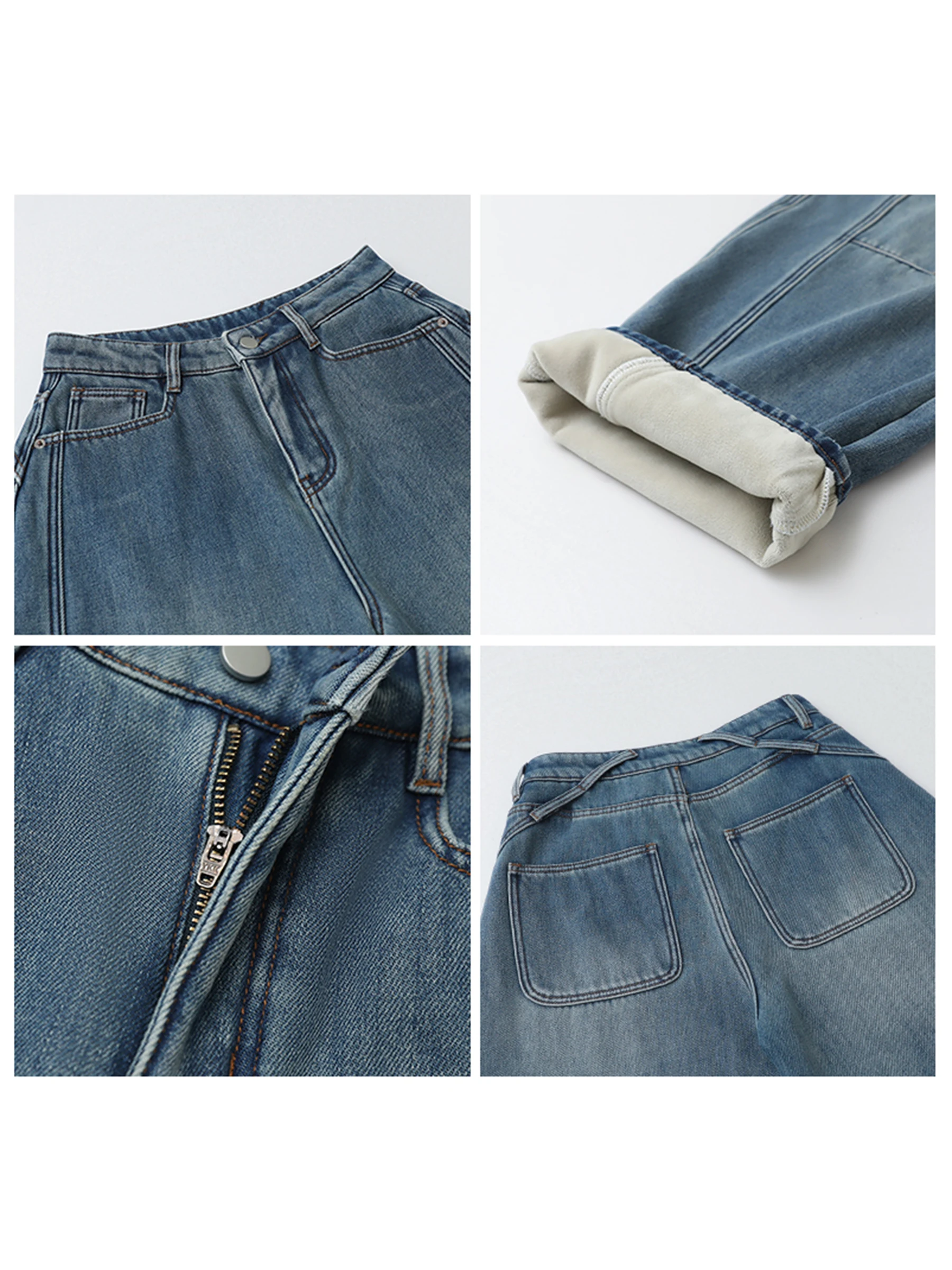 Chique ven calças de brim femininas soltas casuais retro divisão emenda feminina perna larga pelúcia quente calças jeans senhoras outono inverno 2025