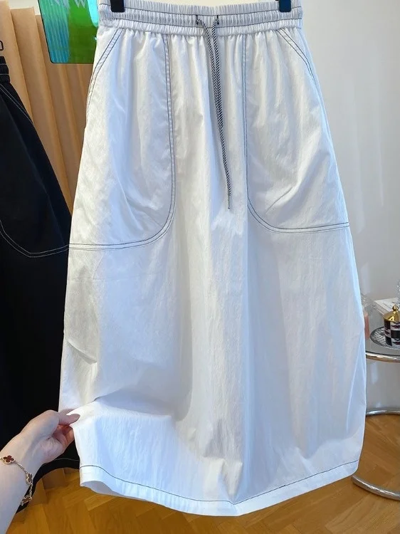 Gonna longuette artistica grande ket Vita elastica Dstring Gonne a trapezio dimagranti Gonne estive casual in misto cotone a vita alta