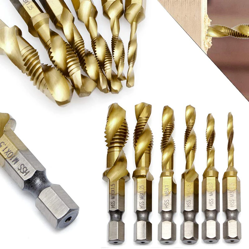 6 Pcs Tap Drill Bit Set Hex Shank Titanium Plated HSS Screw Thread Bit Screw Machine Compound Tap M3 M4 M5 M6 M8 M10 Hand Tools