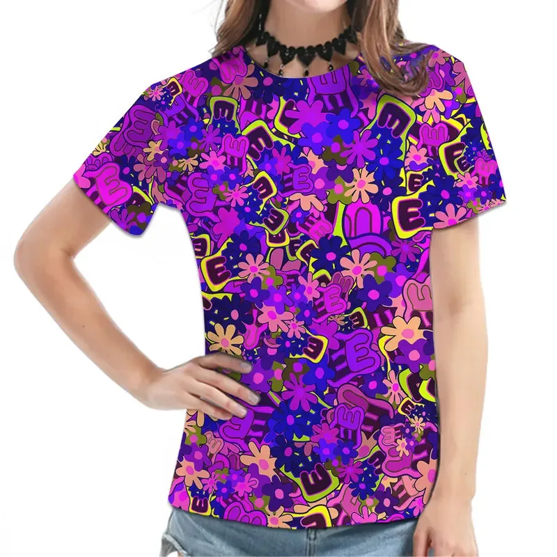 

Women's Letter E Flower T-shirt Cool Colorful Woman Short Sleeved Summer O-Neck T Shirts Fashion Streetwear Soft Clothing Top