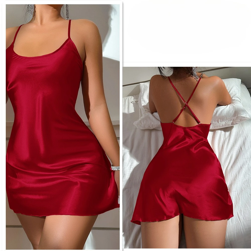 Women Sexy Pajamas Nightdress Ice Silk Backless Camisole Dress Sleepwear Women's Simulated Silk Nightgown