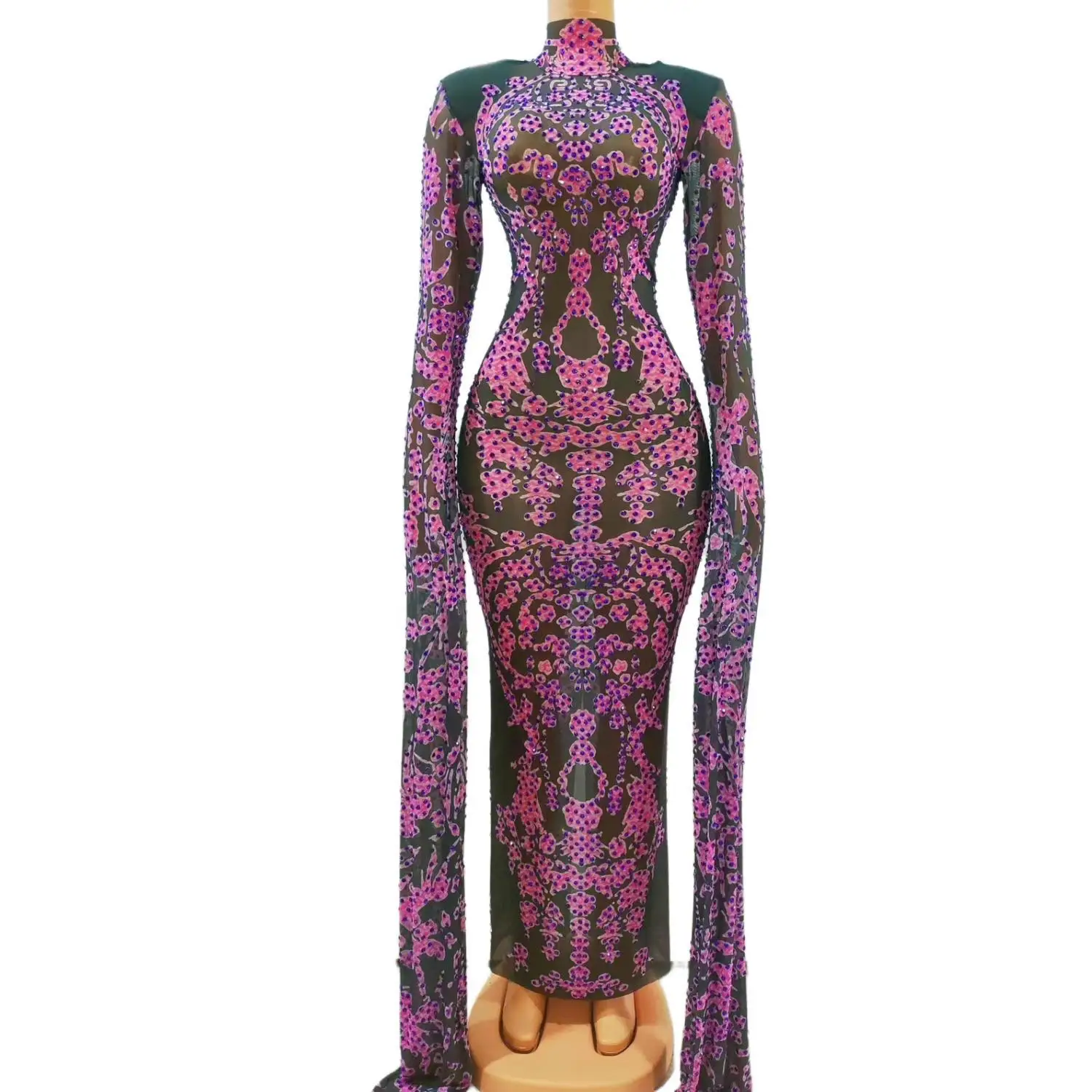 Dongfeng Black Mesh Floral Rhinestone Mermaid Dress High Neck Extra Long Trailing Sleeve Formal Club Stage Outfit for Women