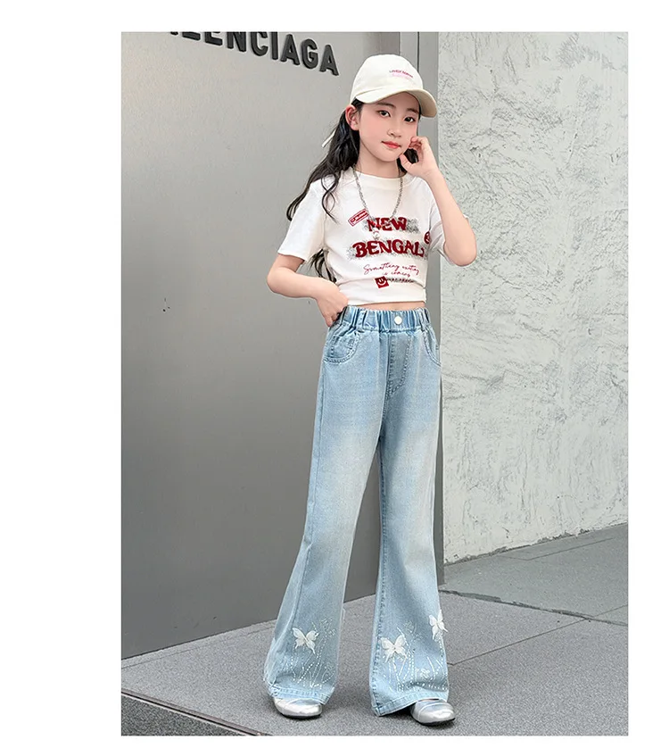Girls' bell-bottoms Jeans Summer New Casual 5-14 Year Old Children's Loose Flare Pants with Rhinestone bow Girls' Denim Pants