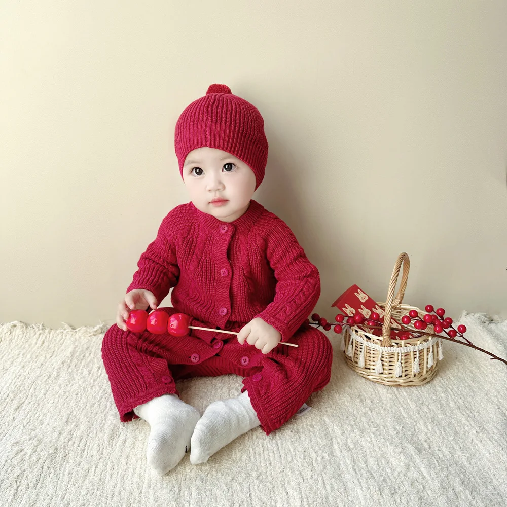 0-24M 100% Cotton Newborn Kid Baby Knit Romper Winter Clothes Long Sleeve Warm Thick Jumpsuit New Born Sweater Outfit