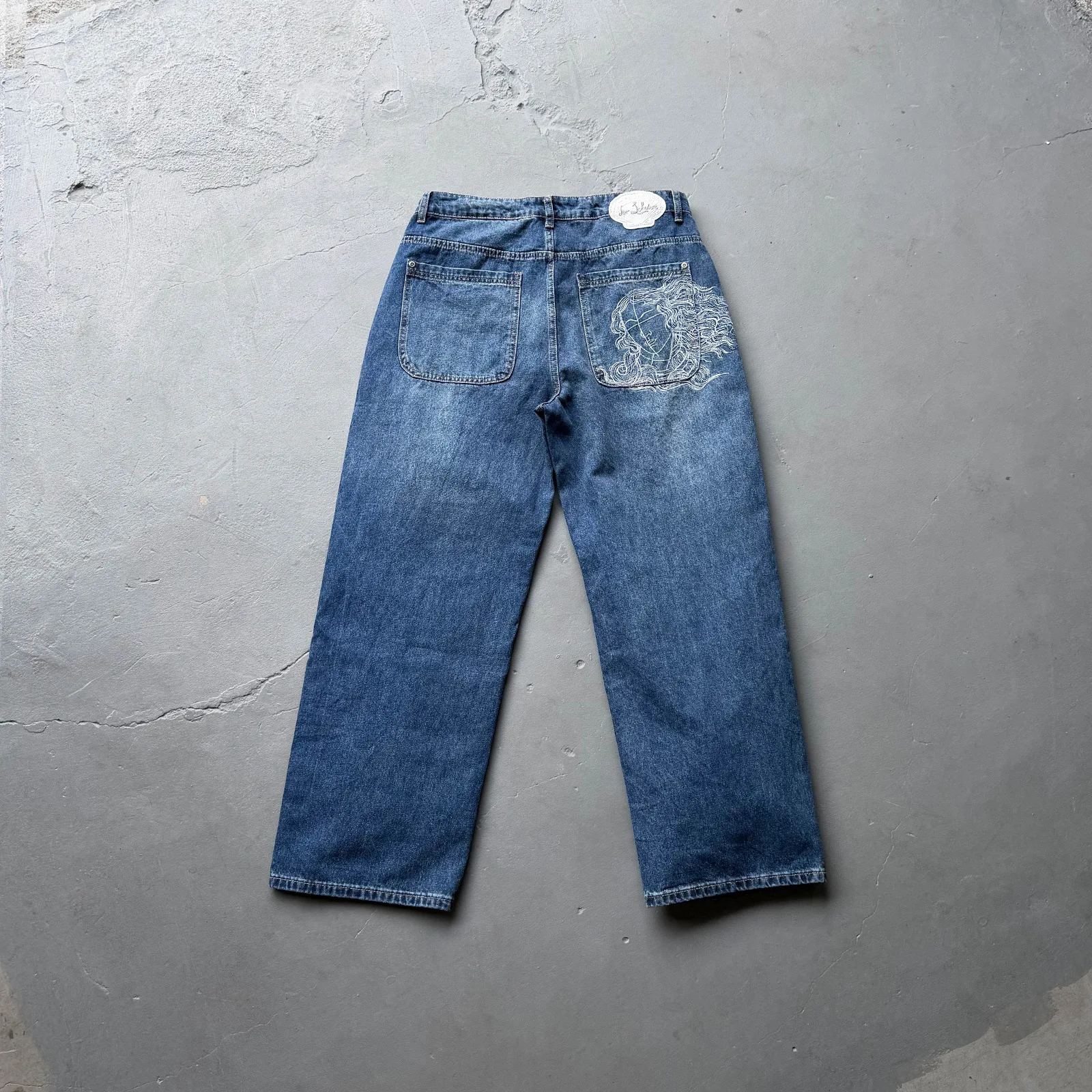 Derschutze High-Quality Heavy-Duty Embroidered Goddess Distressed Washed Straight-Leg Jeans Men's Streetwear Pants