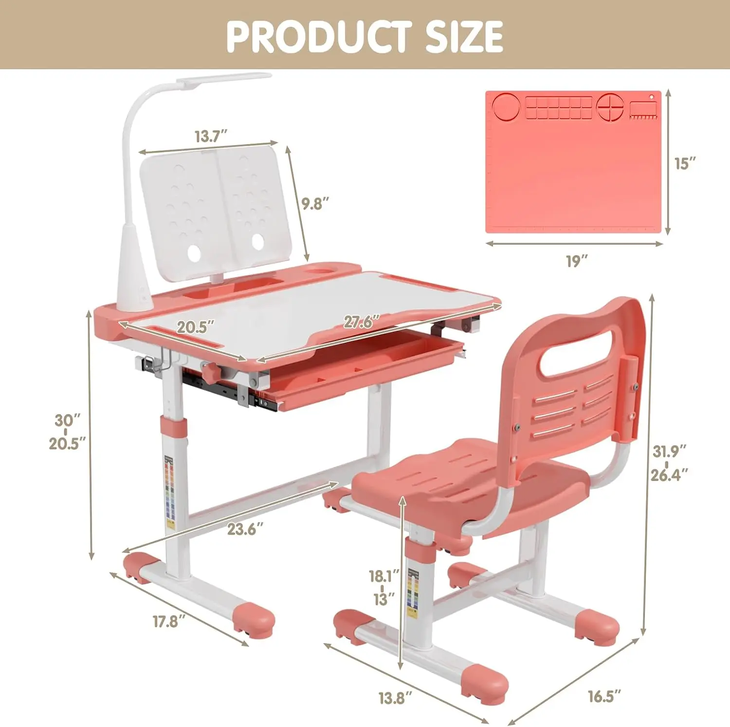 Kids Desk and Chair Set, Height Adjustable Study Table for Ages 3-12 | 55° Tiltable Student Desk, Ergonomic Widened Desktop Tabl