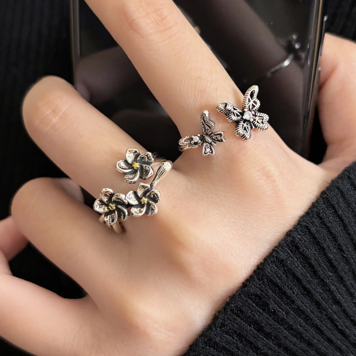 VENTFILLE 925 Stamp Silver Retro Butterfly Flower Ring for Women  Fashion Adjustable Old Opening Party Jewelry Gifts Dropship
