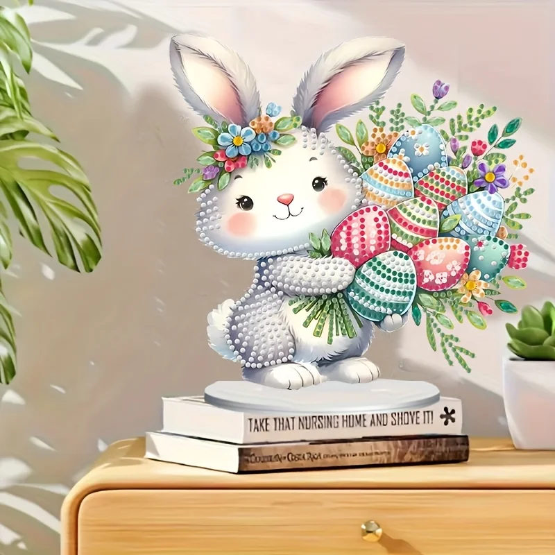 2D/flat diamond painting Easter bunny pattern decoration ornament, DIY unique irregular diamond design, suitable for home, bedro