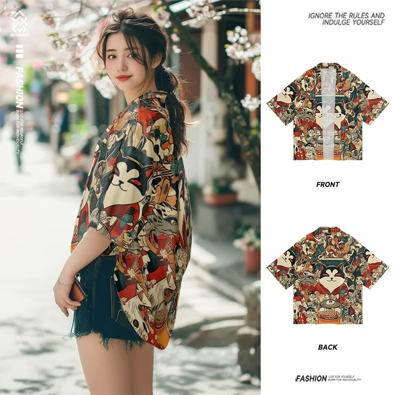 المرأة عارضة فضفاض كيمونو الملابس اليابانية التقليدية الرجال أنيمي القط المطبوعة 2025 الصيف الشاطئ سترة Haori