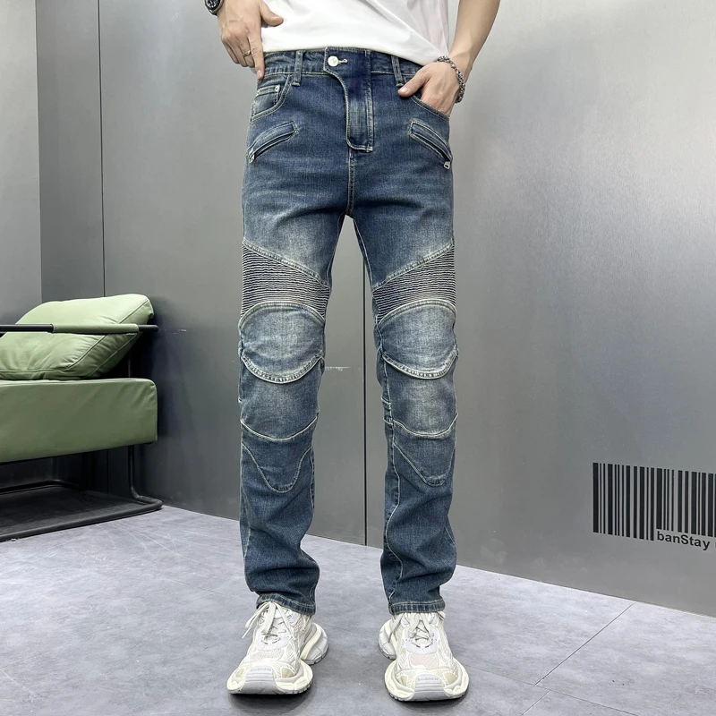 Blue retro biker's jeans for men2024new slim straight stretch casual patchwork pleated design long pants