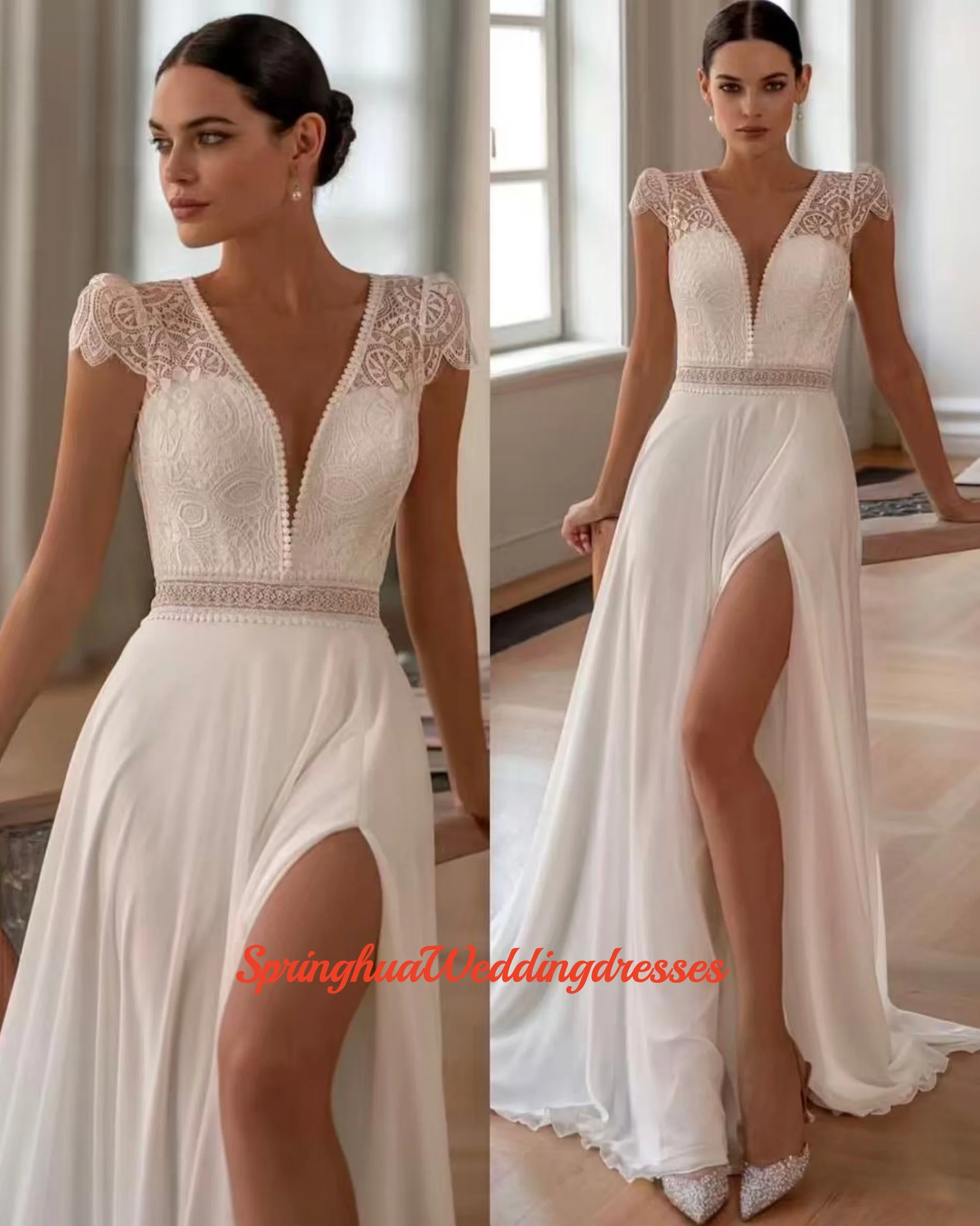 

Индивидуальное богемное кружевное пляжное свадебное платье с короткими рукавами и V-образным вырезом из шифона с высоким разрезом, летнее свадебное платье невесты Robe De Mariee