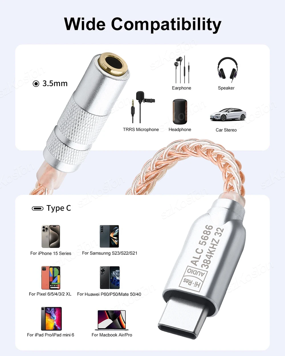 ALC5686 チップタイプ C から 3.5 ミリメートルヘッドフォンアンプ DAC HiFi オーディオデコーダ IEM AMP スマートフォンアダプタ iPhone15 Samsung Xiaomi 用