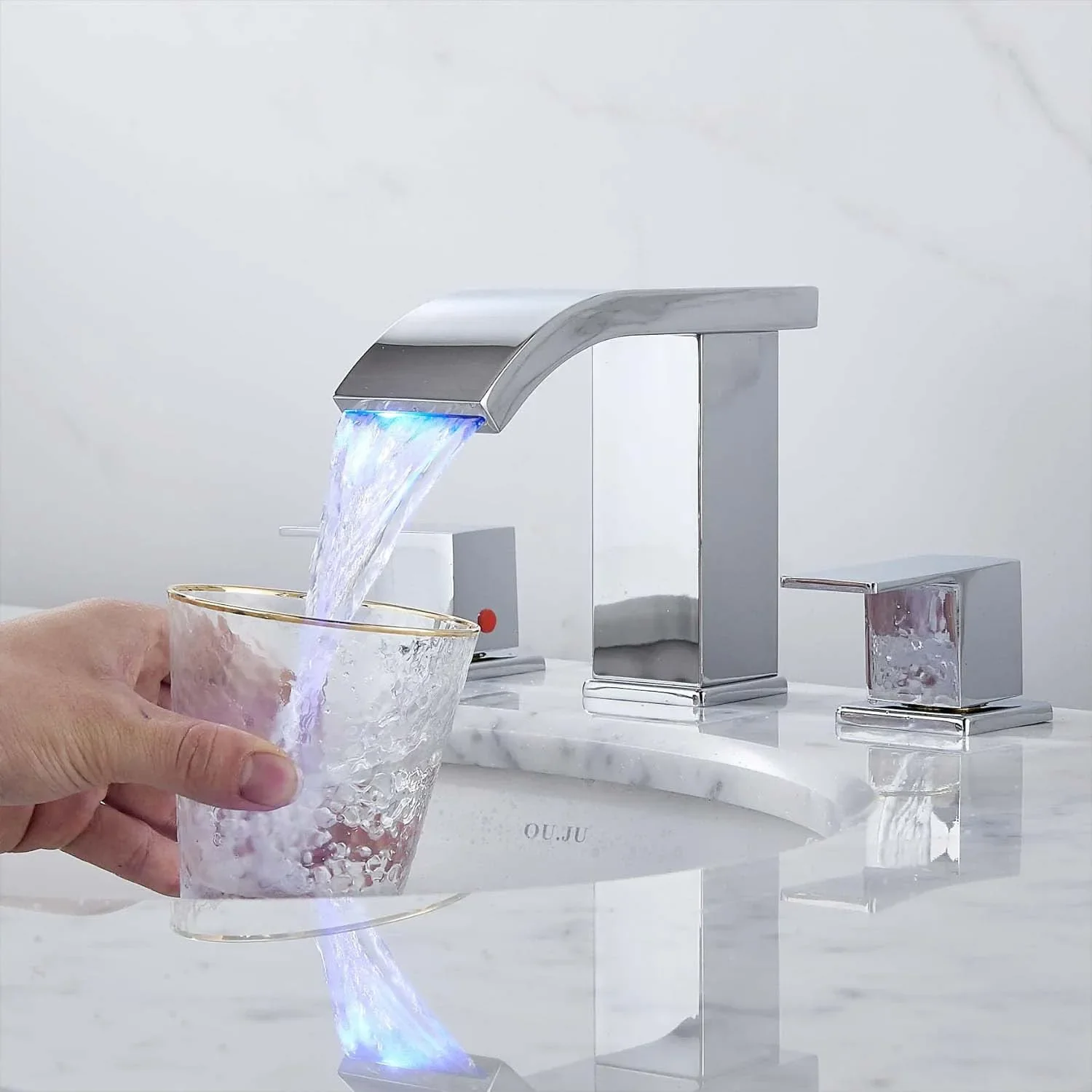 Bathroom 3 Holes LED Waterfall Basin Faucets, 2 Handles Cold Hot Water Mixers Sink Taps RGB Color Change Powered by Water Flow