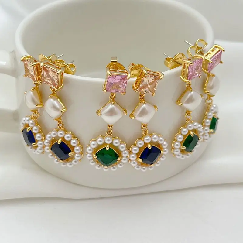 

2026 New Year Stylish Elegant Sparkling Zircon Pearl Halo Square Asymmetrical Sweet Tassel Earrings for Women Christmas Earrings
