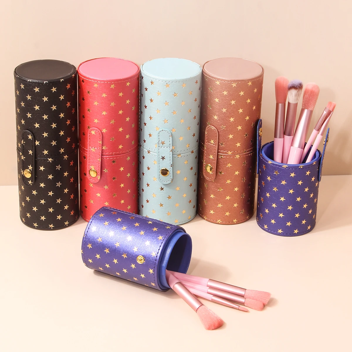 Multi -function PU makeup brush barrel, high -end design model hot gold stars storage box, waterproof and dustproof nail pen sto