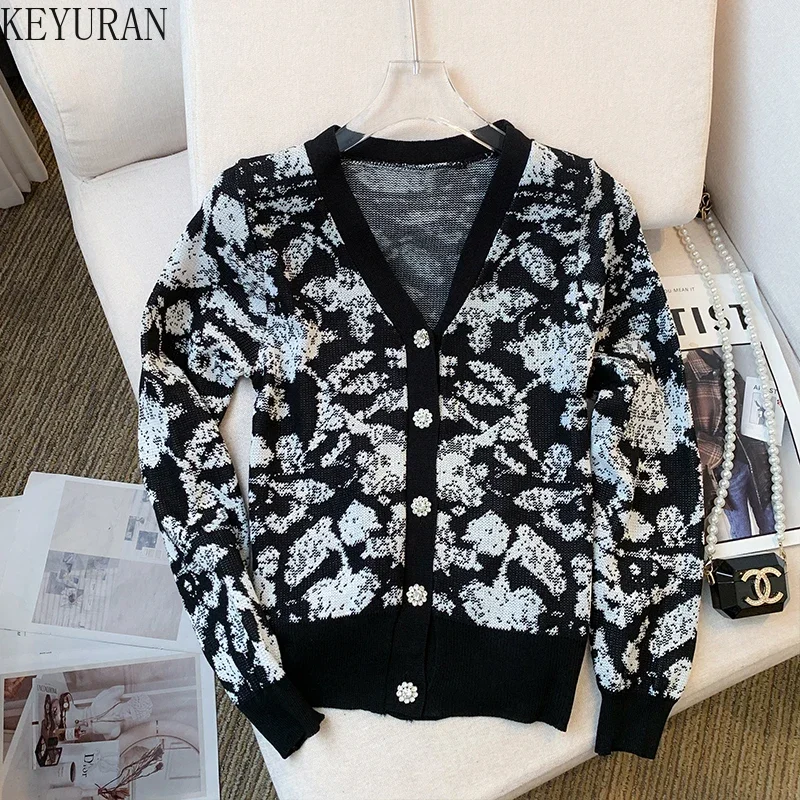 2024 Autumn New Korean Chic Knitted Cardigan Women Vintage Jacquard V-neck Long Sleeve Sweater Mujer Knitwear Crop Tops Jumper