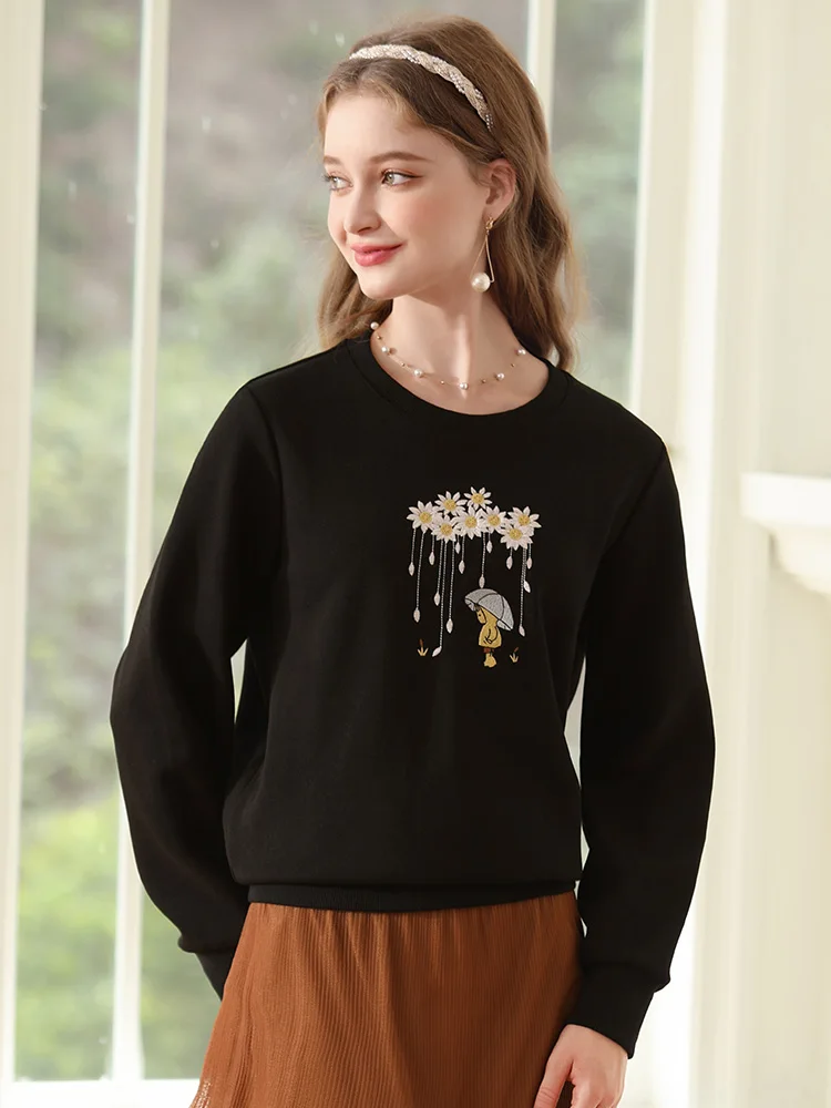 I BELIEVE YOU felpe con cappuccio per le donne 2023 autunno nuovo ricamo nero o-collo Pullover Casual allentato felpe a maniche lunghe 2233195321