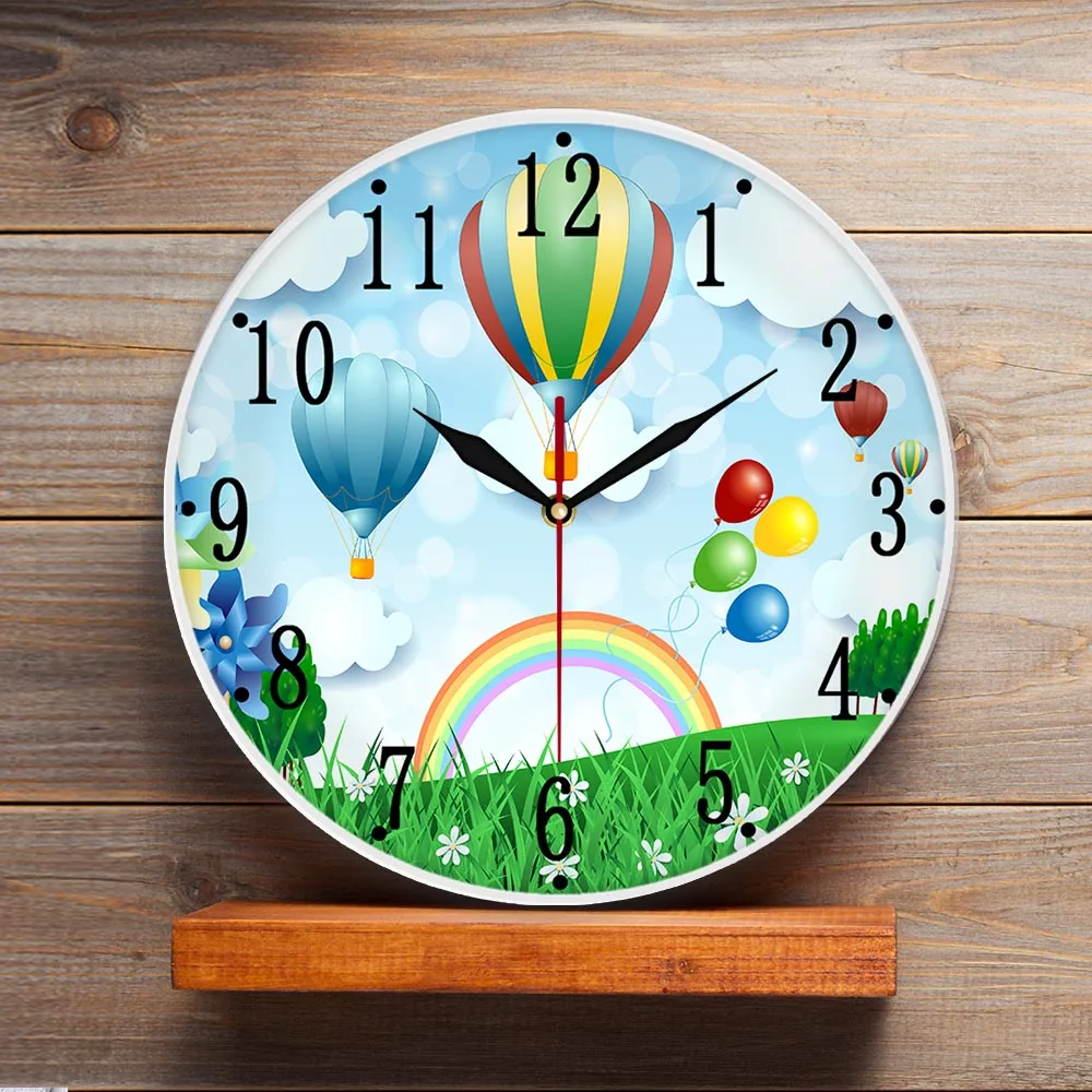 Hot Air Balloons Cartoon Design Wall Clock For Kids Room Silent Non Ticking Print Wall Watch Spring Landscape Nursery Art Decor image 5
