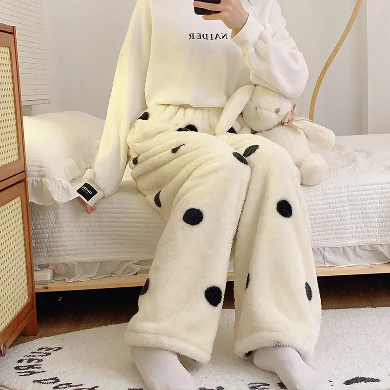 Polka Dot PJ Pants Women Winter Warm Thickened Fluffy Pyjamas White Pajama Pants Y2K Kawaii Homewear Flannel Sleepwear Trousers